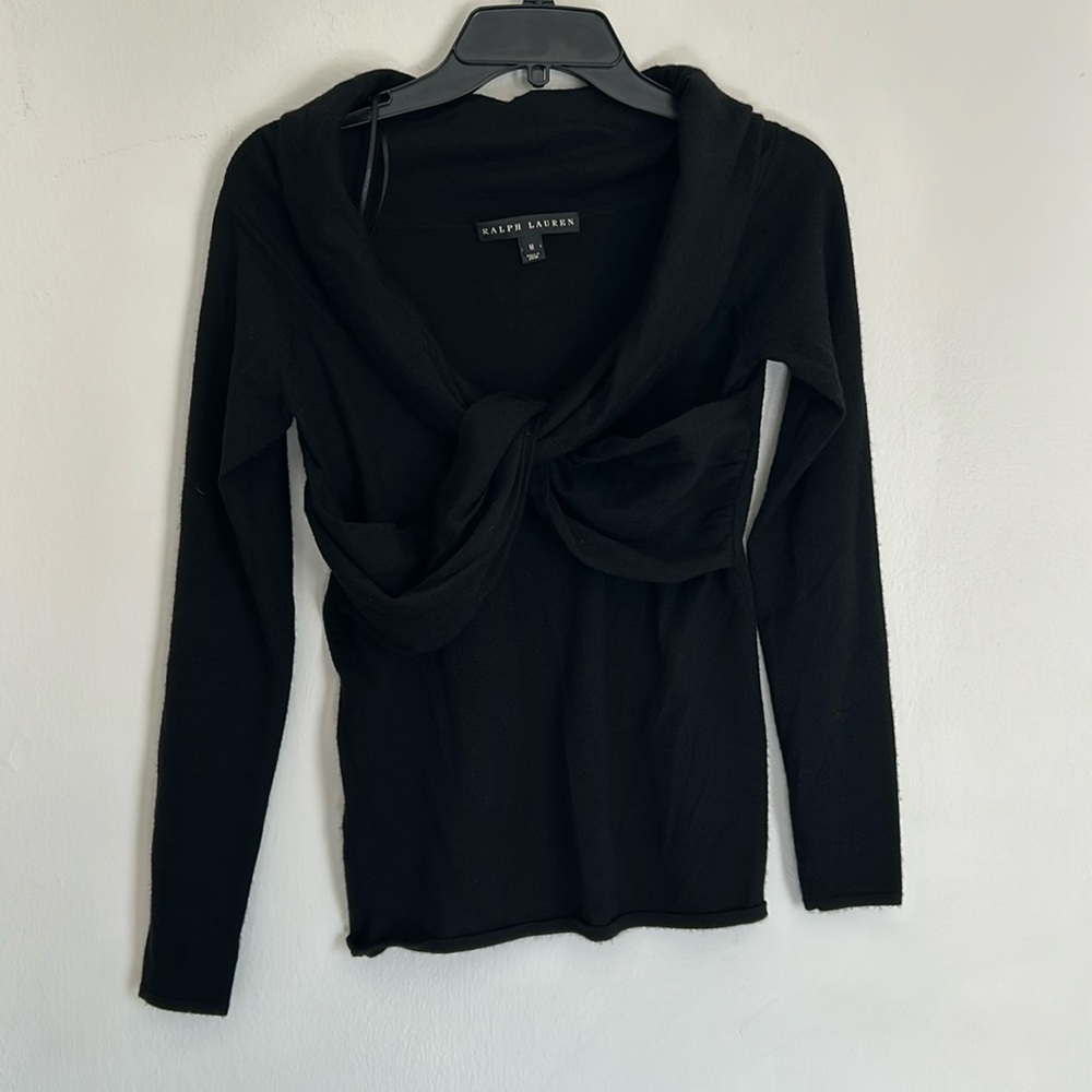 Ralph Lauren Cashmere Blend Lightweight Knotted Front Sweater Medium Black